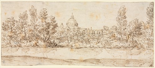 River Landscape with View of St. Peter's Basilica, after 1660. Creator: Giovanni Francesco Grimaldi (Italian, 1606-1680), circle of.