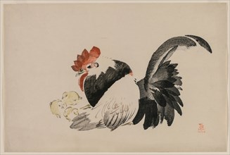 Rooster, Hen, and Chicks, c. 1880s. Creator: Shibata Zeshin (Japanese, 1807-1891).