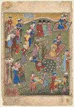 Royal Feast in a Garden (recto) from the double-page frontispiece of a Shahnama..., 1444. Creator: Unknown.