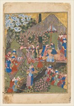 Royal Feast in a Garden, verso of right folio from the double-page frontispiece..., c. 1440. Creator: Unknown.