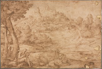 Saint Jerome in a Landscape, c. 1530. Creator: Domenico Campagnola (Italian, 1500-1564).