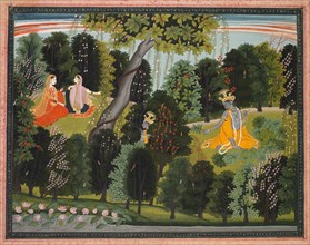 Sakhi Persuades Radha to Meet Krishna, from the "Lambagraon" Gita Govinda..., c. 1820-1825. Creator: Unknown.