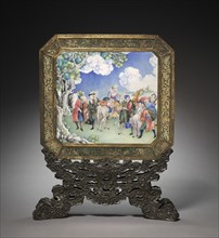 Screen with European Figures (obverse) and Landscape (reverse) with Stand, 1736-1795. Creator: Unknown.