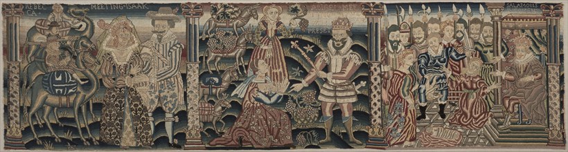 Section of an Embroidered Frieze: Rebecca Meeting Isaac, Abigail Meeting David?, 1625-1649. Creator: Unknown.
