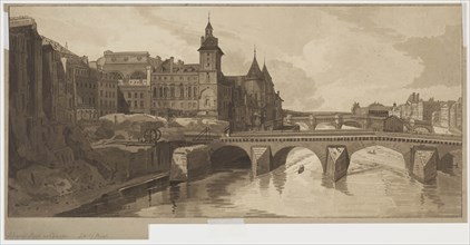 Selection of Twenty of the Most Picturesque Views in Paris:View of Pont au Change, 1802. Creator: Thomas Girtin (British, 1775-1802); Frederick Christian Lewis (British, 1779-1856).