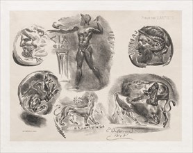 Sheet of Six Antique Coins , 1825. Creator: Eugène Delacroix (French, 1798-1863); Published by the artist (September 15, 1865 issue).