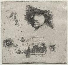 Sheet of Studies: Self-Portrait, a Beggar Couple, etc., c. 1632. Creator: Rembrandt van Rijn (Dutch, 1606-1669).