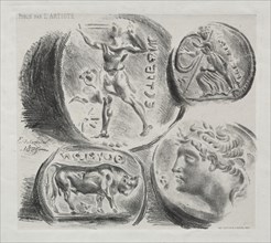 Sheet with Four Antique Medals, 1825. Creator: Eugène Delacroix (French, 1798-1863); Bertauts, R. Rodier.