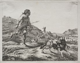 Shepherd Chasing a Wolf, 1803. Creator: Adam von Bartsch (Austrian, 1757-1821).