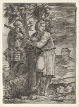 Shepherd and Old Warrior, 1517. Creator: Domenico Campagnola (Italian, 1500-1564).