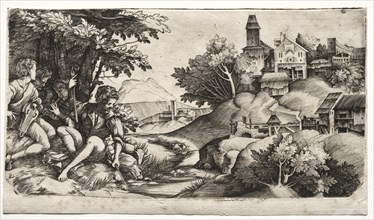 Shepherds in a Landscape, c. 1517. Creator: Giulio Campagnola (Italian, 1482-1515); Domenico Campagnola (Italian, 1500-1564), and.