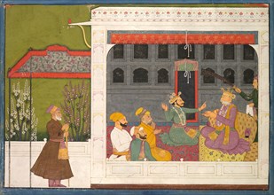 Shispul Arguing with Rukmini's Father, Bhishmaka, page from a Rukmini Mangal series, c. 1800. Creator: Mola Ram (Indian), possibly by.