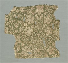 Silk fragment with scrolling vines, grape leaves, grapes and birds, 1325-1350. Creator: Unknown.