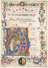 Single Leaf from an Antiphonary: Initial H[odie nobis] with The Nativity, 1471. Creator: Benvenuto di Giovanni (Italian, 1436-1509/17).