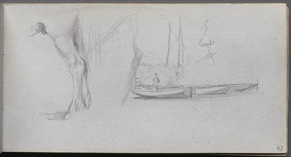 Sketchbook, page 43: Studies: Horse's leg, Figure in a Boat, and Profile. Creator: Ernest Meissonier (French, 1815-1891).