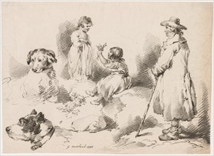 Studies of Children (Two Little Girls); Two Dogs; A Man, 1793. Creator: J. Harris, Gerrard Street, Soho, London.