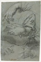 Studies of Hands (recto); Sketch of a Child's Head (verso), c. 1586. Creator: Carletto Caliari (Italian, 1570-1596).