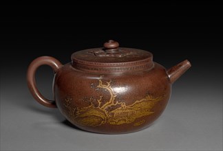 Teapot with Gold Leaf Landscape and Imperial Poem, 1762-95. Creator: Chen Hanwen (Chinese, active c. 1720s-90s).