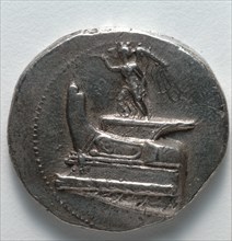 Tetradrachm: Nike Blowing Trumpet, standing on war galley prow (obverse), c. 300-295 BC. Creator: Unknown.