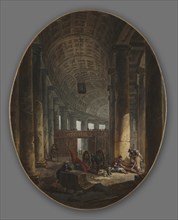 The Colonnade of St. Peter's, Rome, during the Conclave, c.1769. Creator: Hubert Robert (French, 1733-1808).