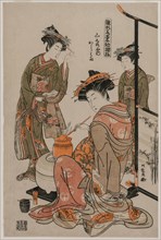 The Courtesan Karahama of Yamashiroya Performing the Tea Ceremony..., late 1770s. Creator: Isoda Koryusai (Japanese).