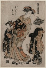 The Courtesan Kichijuro of Kage Manjiya with Two Kamuro..., late 1770s. Creator: Isoda Koryusai (Japanese).
