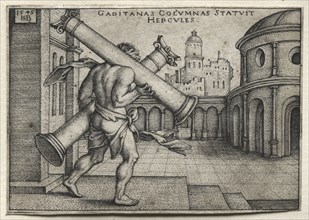 The Labors of Hercules: Hercules Carrying the Columns of Gades, 1545. Creator: Hans Sebald Beham (German, 1500-1550).
