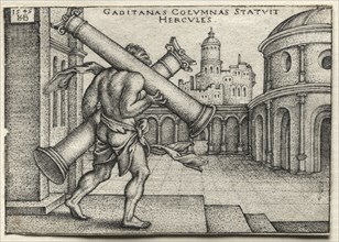 The Labors of Hercules: Hercules Carrying the Columns of Gades, 1545. Creator: Hans Sebald Beham (German, 1500-1550).