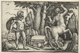 The Labors of Hercules: Hercules Shooting Nessus, 1542. Creator: Hans Sebald Beham (German, 1500-1550).