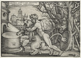 The Labors of Hercules: Hercules Strangling the Nemean Lion, 1548. Creator: Hans Sebald Beham (German, 1500-1550).