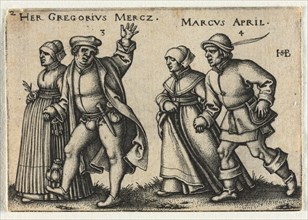 The Peasant Wedding or the Twelve Months: 3-Her Gregorius Mercz 4-Marcus April, 1546. Creator: Hans Sebald Beham (German, 1500-1550).