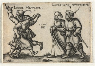 The Peasant Wedding or the Twelve Months: 7 Jacob Hewmon 8-Laurencius Augstmon, 1546. Creator: Hans Sebald Beham (German, 1500-1550).