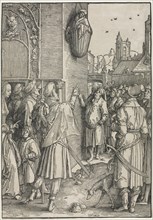 The Power of Women: The Poet Virgil Suspended in a Basket, c. 1512. Creator: Lucas van Leyden (Dutch, 1494-1533).