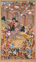The siege of Arbela in the era of Hulagu Khan, page from a Chingiz-nama..., c. 1596. Creator: Basavana (Indian, active c. 1560-1600); Sur Das (Indian).