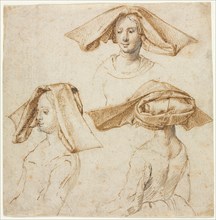Three Studies of a Woman Wearing an Elaborate Headdress, c. 1500. Creator: Anonymous.