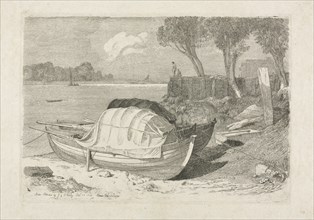 Two Beached Fishing Boats, 1809. Creator: Cornelius Varley (British, 1781-1873).