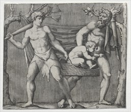 Two Fauns Carrying a Child in a Basket, c. 1513-1515. Creator: Marcantonio Raimondi (Italian, 1470/82-1527/34).