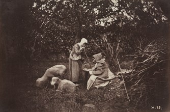 Two Shepherdesses Resting with Two Sheep, late 1870's. Creator: Auguste Giraudon's Artist (French).