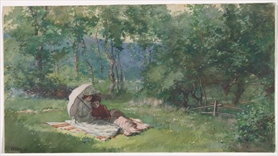 Two Women Reading in a Field, 1888. Creator: Arthur B. Davies (American, 1862-1928).