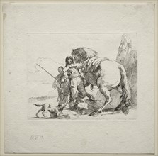 Various Caprices: The Cavalier Mounting his Horse, 1785. Creator: Giovanni Battista Tiepolo (Italian, 1696-1770).