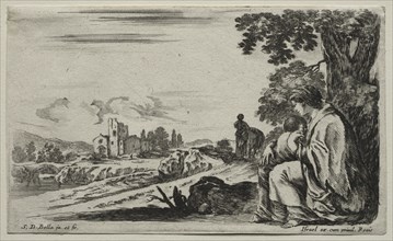 Various Figures and Landscapes: A Poor Nurse Seated under a Tree, 1649. Creator: Stefano Della Bella (Italian, 1610-1664).