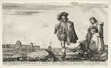 Various Figures and Landscapes: Title Page - Three Figures, 1649. Creator: Stefano Della Bella (Italian, 1610-1664).