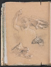 Verona Sketchbook: Figure with upraised right arm and drapery studies (page 68), 1760. Creator: Francesco Lorenzi (Italian, 1723-1787).