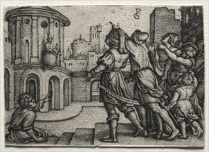 Virgil hanging in a Basket, c.1541-42. Creator: Georg Pencz (German, c. 1500-1550).