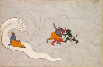 Vishnu Battles Madhu and Kaitabha, from a Markandeya Purana, c. 1760. Creator: Unknown.