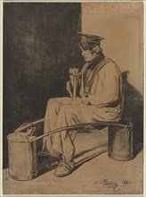 Water Carrier Seated on His Yoke, 1861. Creator: François Bonvin (French, 1817-1887).