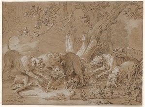 Wild Sow and Her Young Attacked by Dogs, 1748. Creator: Jean-Baptiste Oudry (French, 1686-1755).