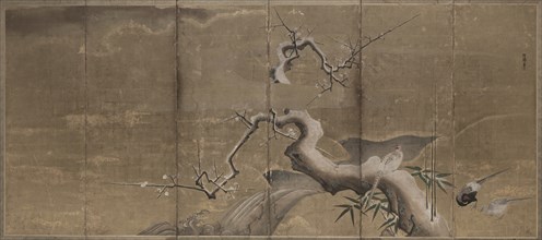 Winter Scene with Plum Trees and Pheasants (Birds Left), early 1600s. Creator: Kano Naonobu (Japanese, 1607-1650).