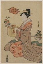 Woman Holding a Wooden Cup Stand Decorated with Chrysanthemums..., mid 1790s. Creator: Ch?bunsai Eishi (Japanese, 1756-1829).
