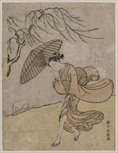 Woman Running Past a Willow Tree in a Breeze, 1766 or 1767. Creator: Suzuki Harunobu (Japanese, 1724-1770).